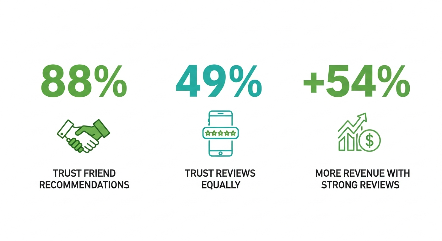Review trust statistics: 88% trust friend recommendations, 49% trust online reviews equally, 54% more revenue with strong reviews