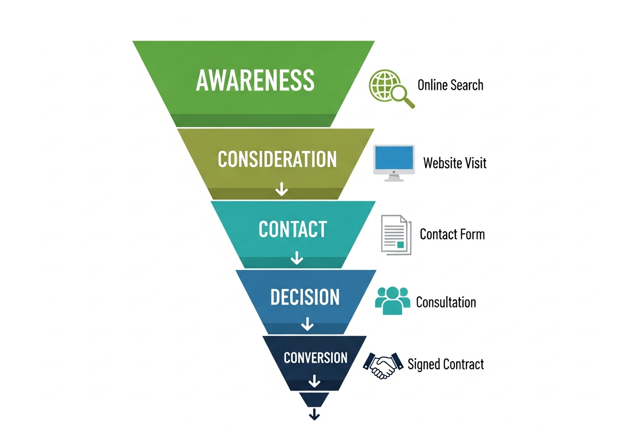 Sales cycle funnel: Awareness, Consideration, Contact, Decision, Conversion