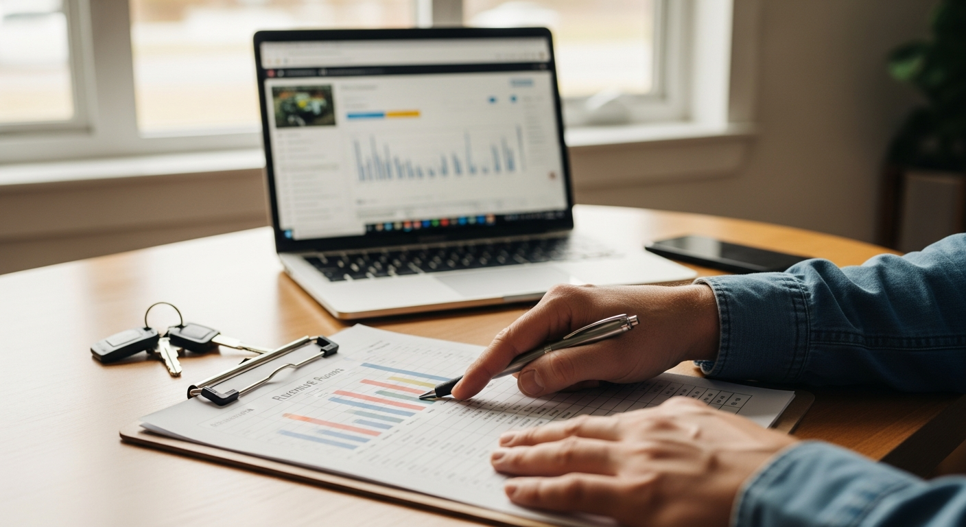 A clean dashboard with upward-trending charts and data visualizations represents how landscaping companies can use tracking and analytics to multiply their growth.