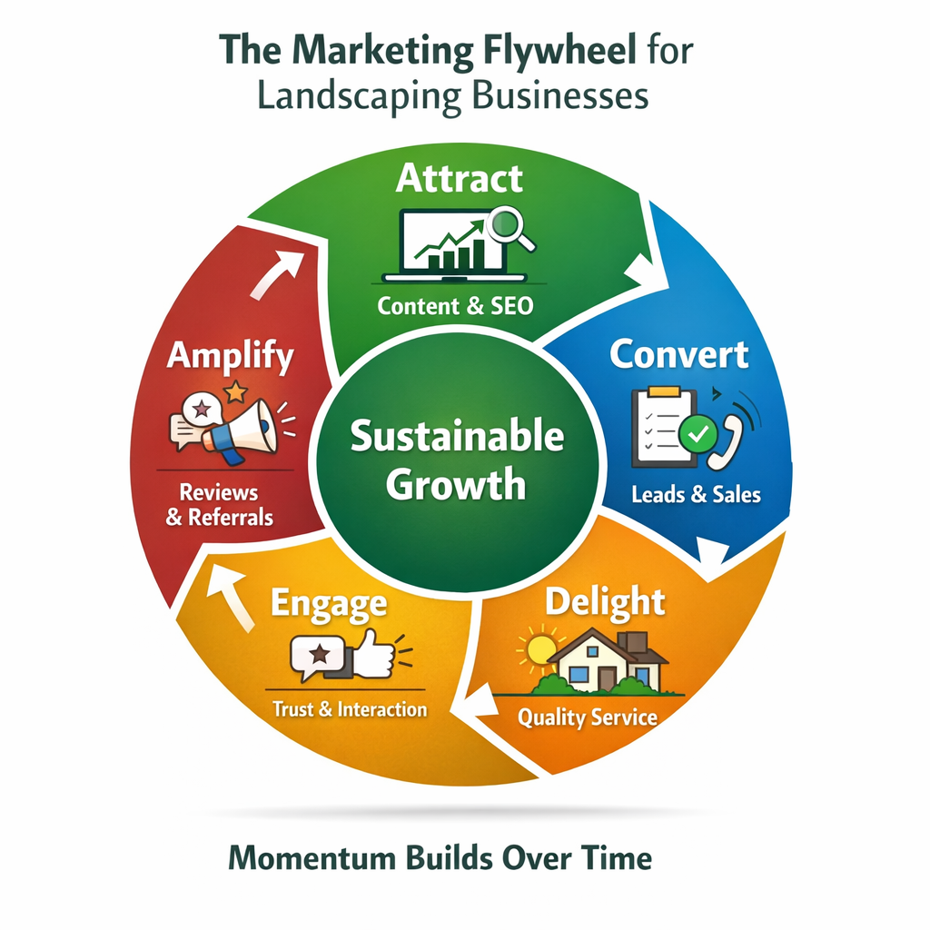 The Marketing Flywheel for Landscaping Businesses shows five stages flowing clockwise around a central Sustainable Growth hub: Attract through content and SEO, Convert through leads and sales, Delight through quality service, Engage through trust and interaction, and Amplify through reviews and referrals.